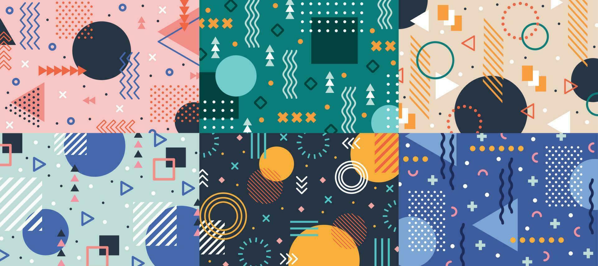 Memphis Geometrie Hintergrund. bunt Formen Muster, lebendig Färbung Textur und funky Farbe Muster abstrakt Vektor Hintergründe