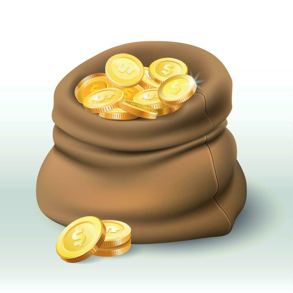 Gold Münzen Tasche. golden Münze Vermögen, groß Kasse Sack und Geld Bonus 3d realistisch Vektor Illustration