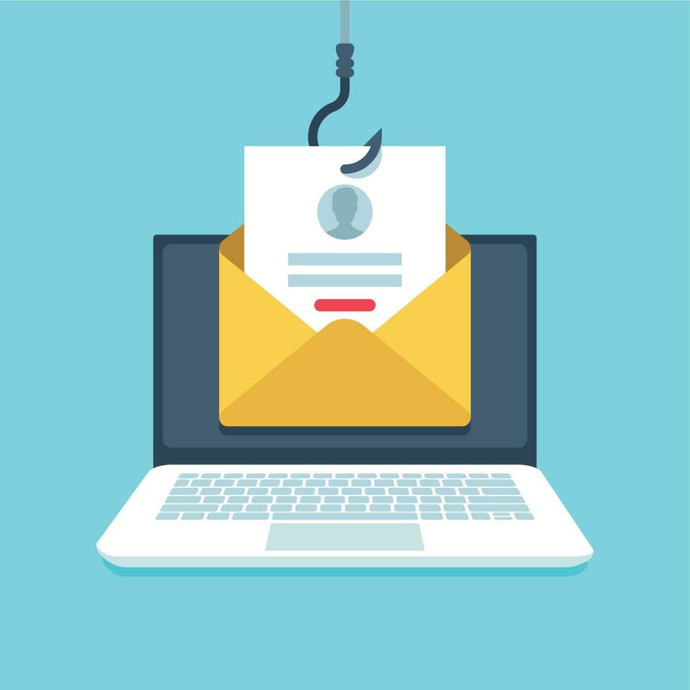 Phishing Email. Fälschung Anmeldung Buchseite, Email auf Haken, Malware Privatsphäre Schutz Vektor Konzept Illustration