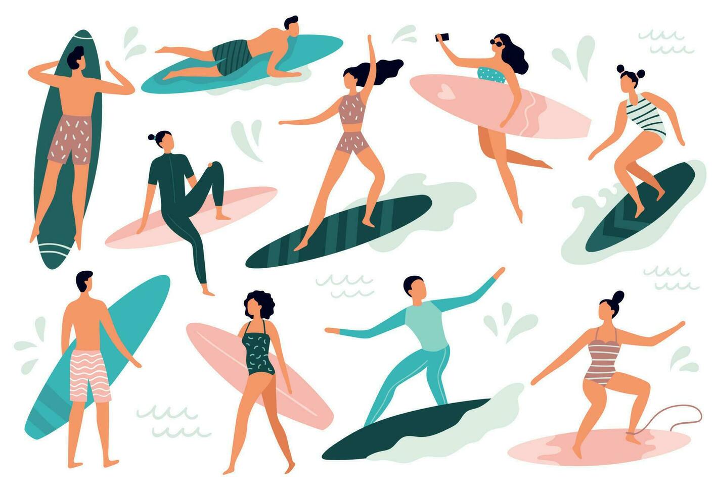 Surfen Personen. Surfer Stehen auf Surfen Planke, Surfer auf Strand und Sommer- Welle Fahrer Surfbretter Vektor Illustration einstellen