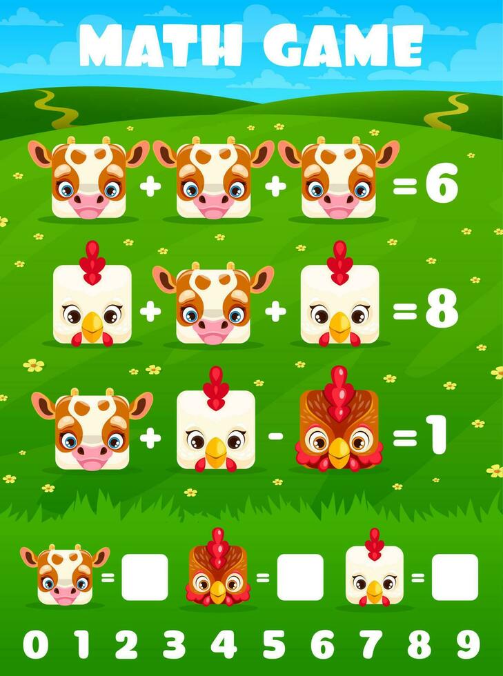 tupp, höna och ko fyrkant djur- ansikten matematik spel vektor