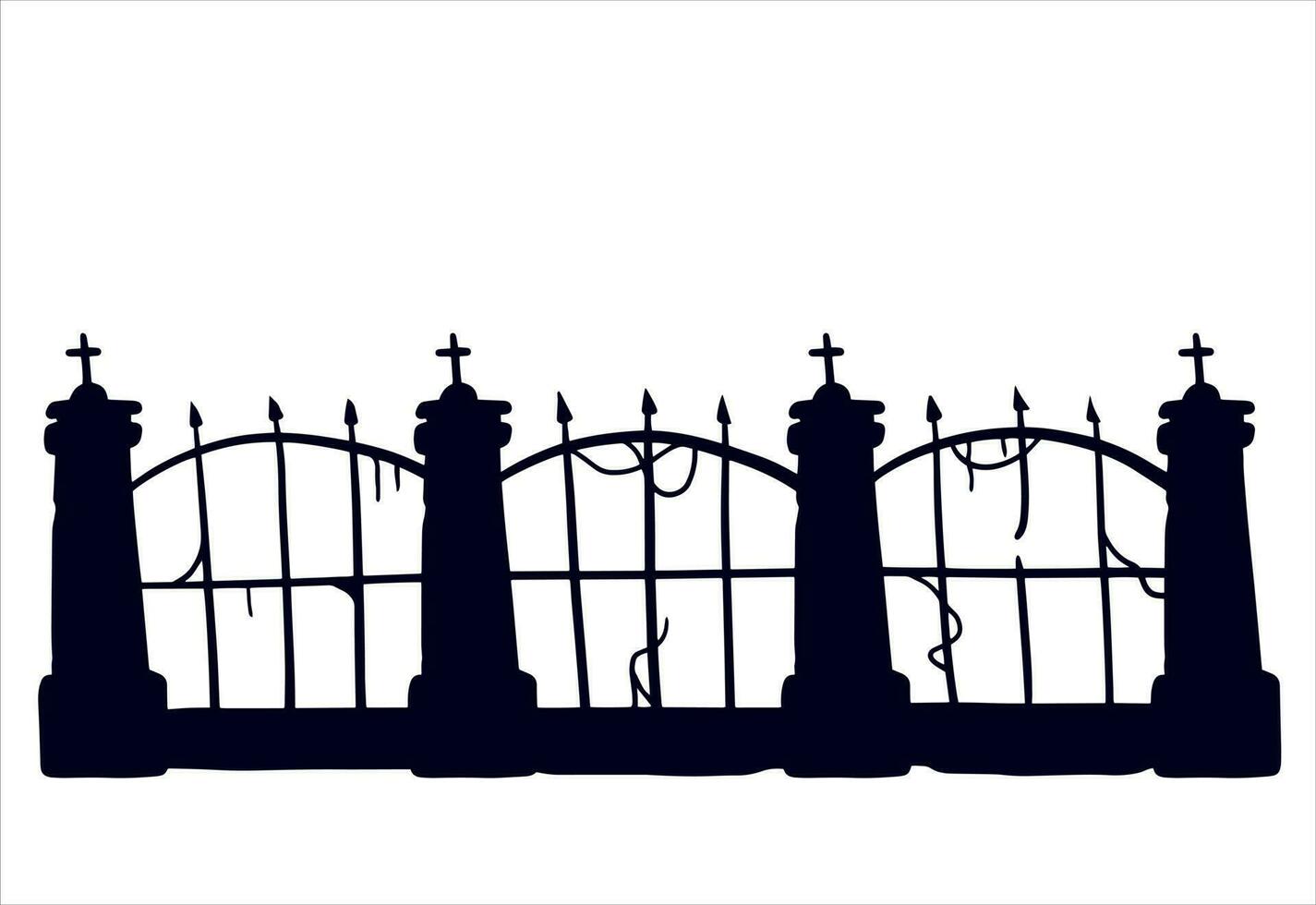 alt Zaun von Friedhof. Halloween Dekoration. schwarz Silhouette von düster Mauer. eben Illustration isoliert auf Weiß vektor