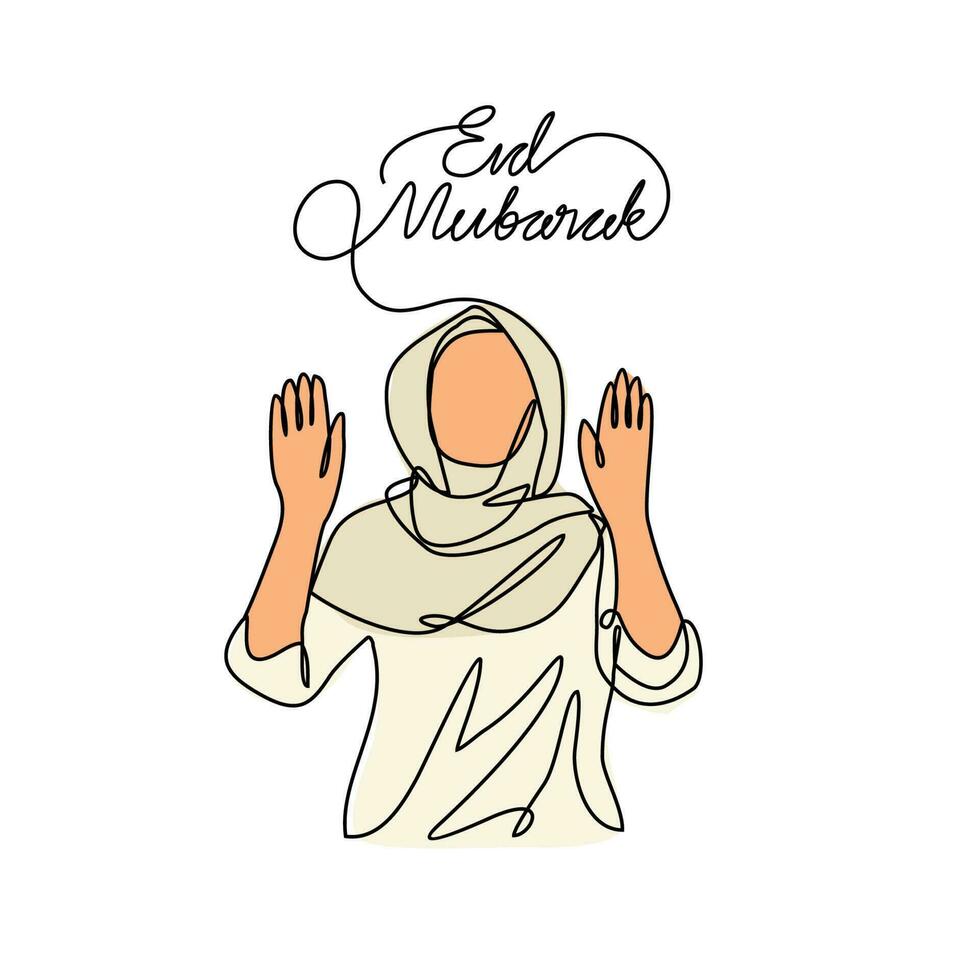 ett kontinuerlig linje teckning av en en Lycklig kvinna i välkomnande eid al-fitr. eid mubarak och ramadan kareem design begrepp med enkel linjär stil. eid mubarak vektor design begrepp.