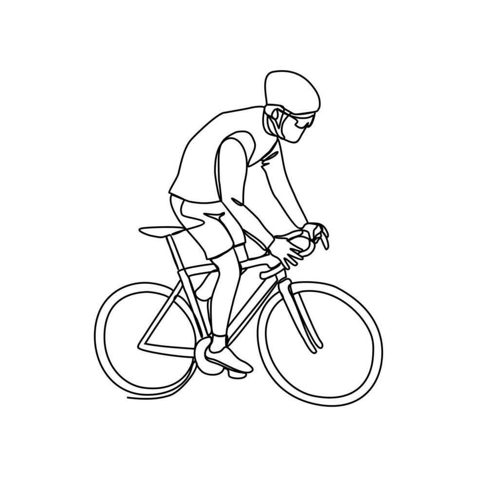 ein Mann Verwendet ein Fahrrad zu gehen zu Arbeit im kontinuierlich Linie Kunst Zeichnung Stil. Design mit minimalistisch schwarz linear Design isoliert auf Weiß Hintergrund. Sport Themen Vektor Illustration