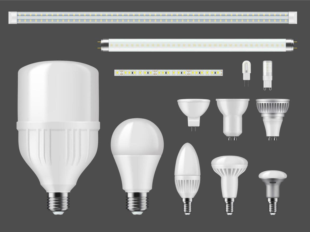 led Glödlampa lampor, rör och ljus remsor vektor