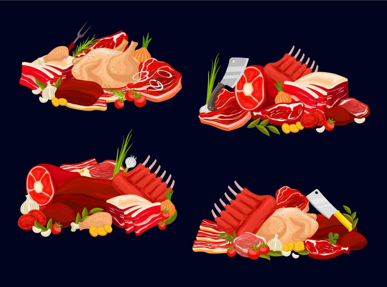 kött typer kalvkött och nötkött, fläsk, kyckling och fårkött vektor
