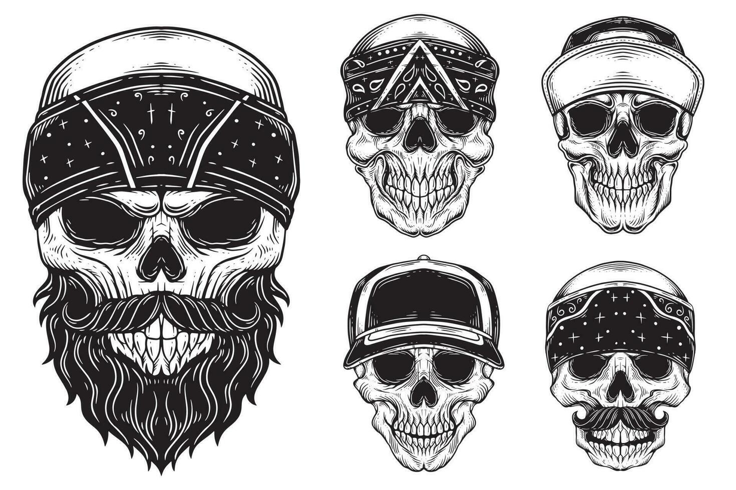 einstellen bündeln dunkel Kunst Schädel Fahrer Biker retro Jahrgang tätowieren Helm Motorrad Hand gezeichnet Stil Illustration vektor