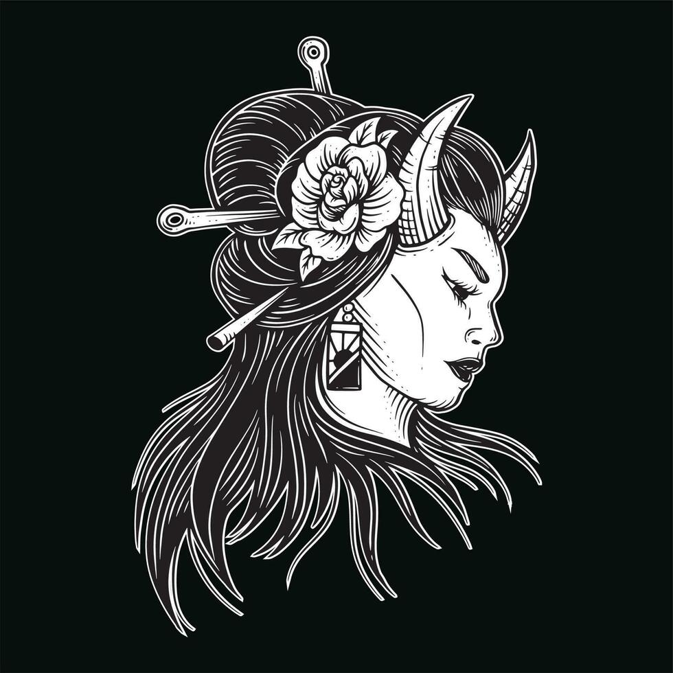 mörk konst japansk flicka reste sig geisha kvinna skalle mask tatuering traditionell illustration vektor