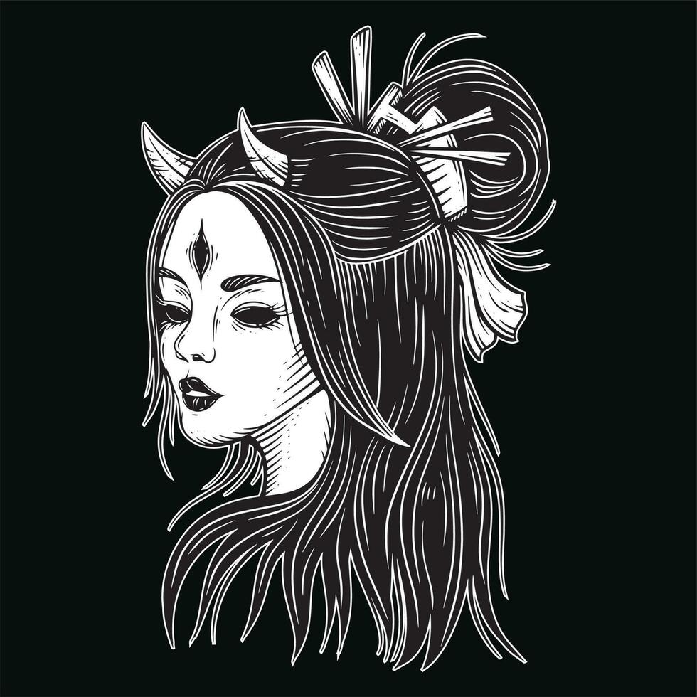 dunkel Kunst japanisch Mädchen Rose Geisha Frau Schädel Maske tätowieren traditionell Illustration vektor