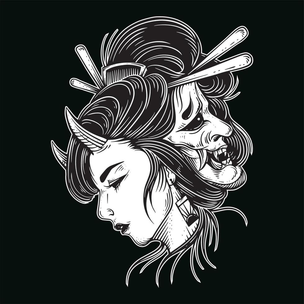 dunkel Kunst japanisch Mädchen Rose Geisha Frau Schädel Maske tätowieren traditionell Illustration vektor