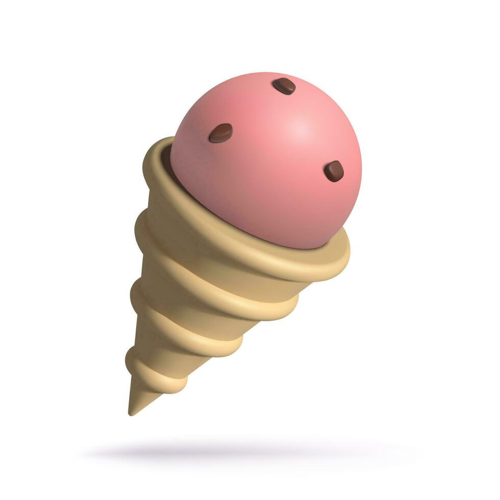 3d is grädde ikon. jordgubb smak i våffla kon med choklad pommes frites. minimal tre dimensionell sommar kall efterrätt. vektor illustration isolerat på vit bakgrund.