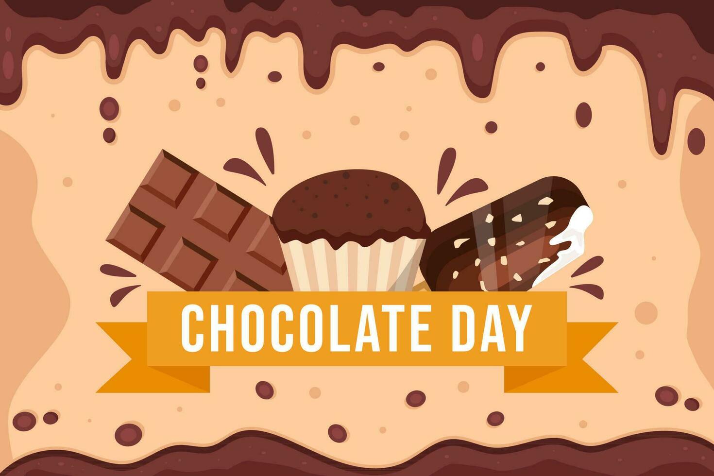värld choklad dag bakgrund illustration med choklad bar, kaka och choklad is grädde vektor