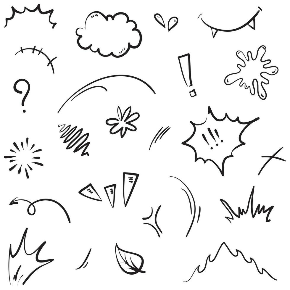 Vektorset von handgezeichneten Cartoony-Ausdruckszeichen-Doodle, Kurvenrichtungspfeilen, Emoticon-Effekt-Designelementen, Cartoon-Charakter-Emotionssymbolen, niedlichen dekorativen Pinselstrichlinien. vektor