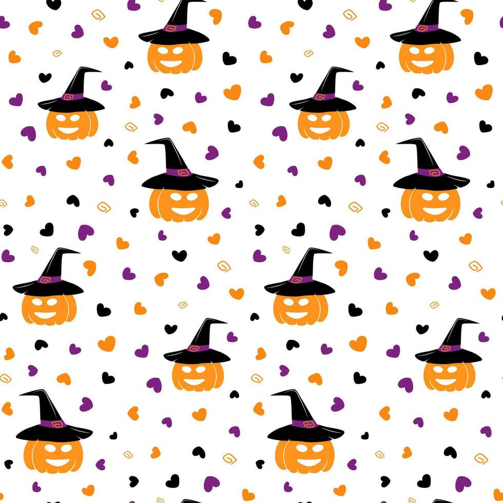 sömlös mönster av halloween leende pumpa i en häxa hatt och hjärtan runt om i trendig nyanser. eps vektor