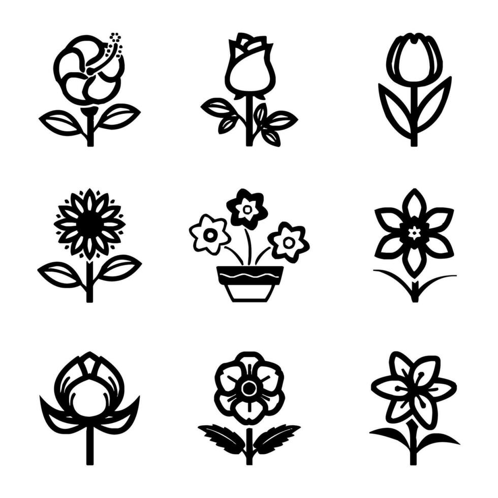 silhuetter av enkel vektor blommor. söt runda blomma växt natur samling. samling av hög kvalitet svart stil vektor ikoner. daisy ikon eller kosmos ikon uppsättning. fri vektor illustration.