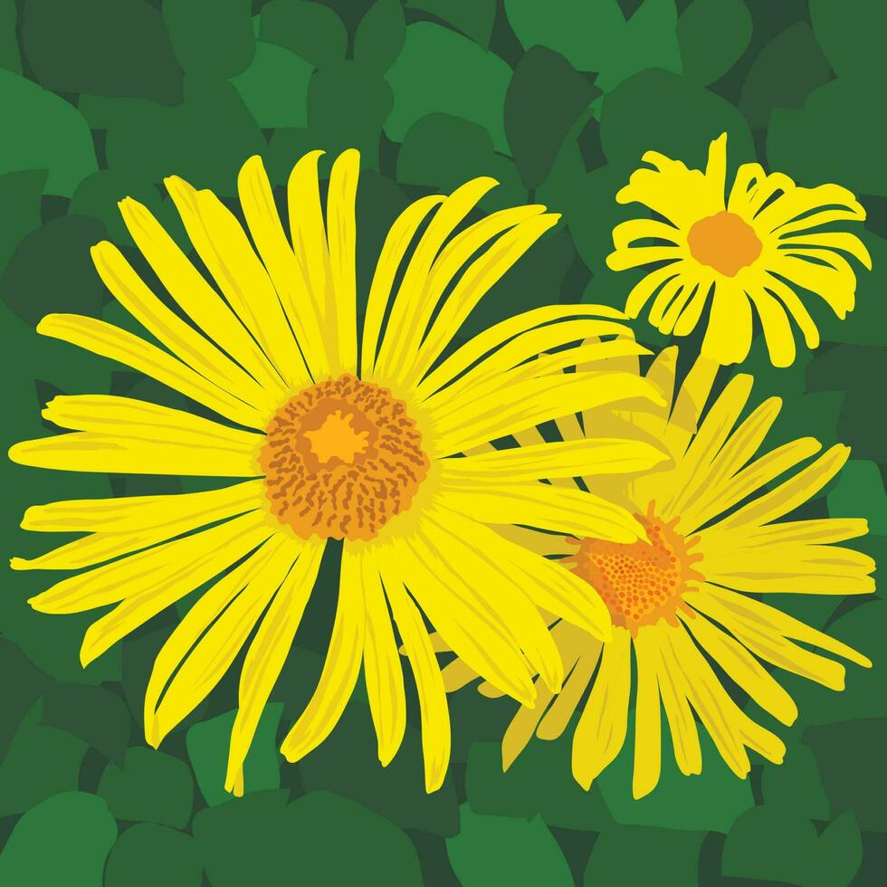 Gelb Blumen auf ein Grün Hintergrund. Vektor Grafik, Illustration von Gelb Blumen, Sonnenblumen, doronikum