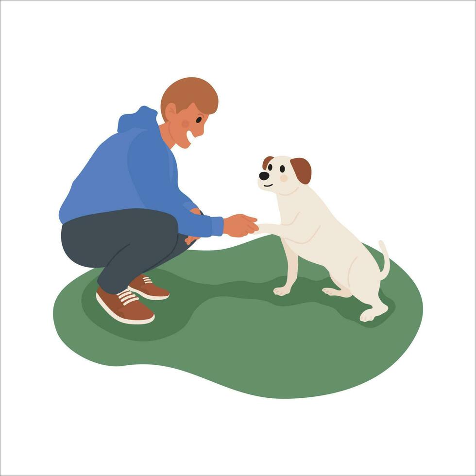 Lycklig ägare och sällskapsdjur begrepp vektor. platt tecknad serie karaktär med man spelar med hans hund, hund Träning. djur- och mänsklig illustration design för dekoration, omslag, hemsida, affisch. vektor