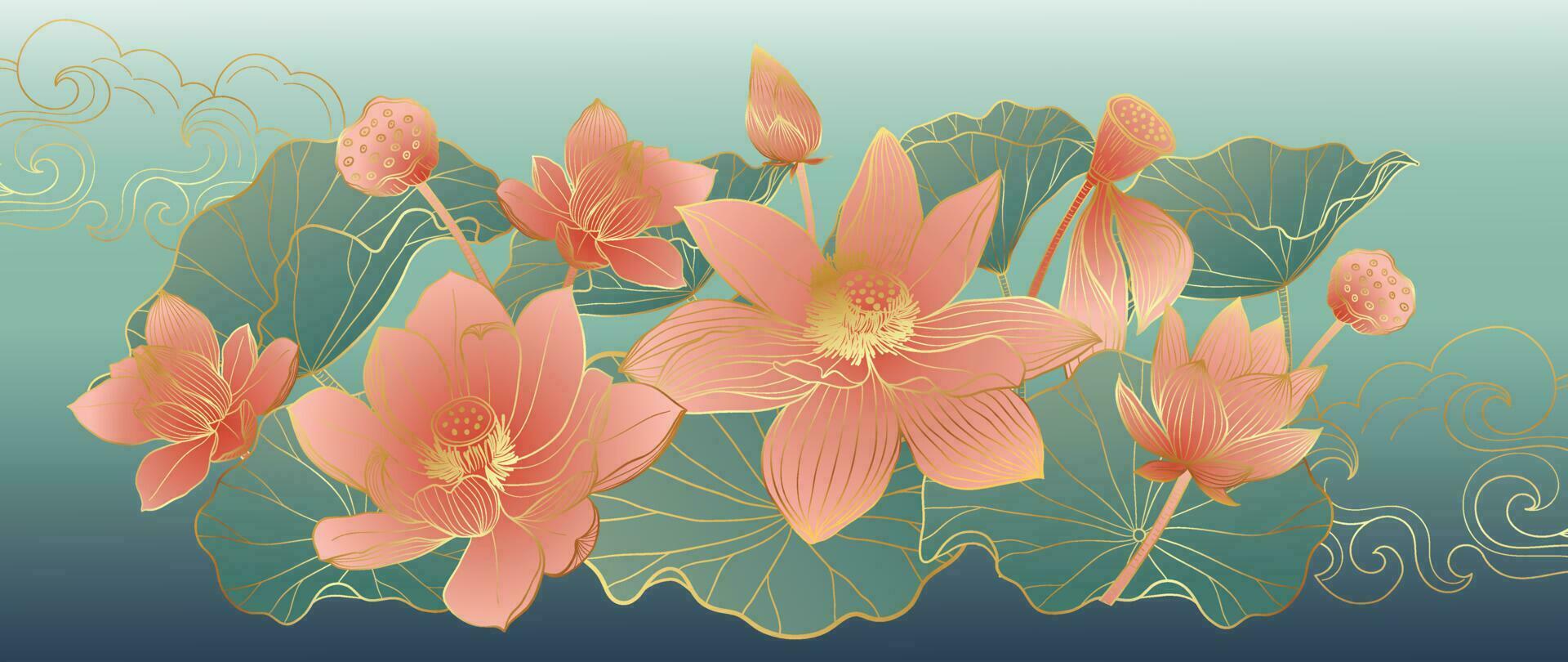 Luxus orientalisch Blume Hintergrund Vektor. elegant rot Lotus Blumen golden Linie Kunst, Blätter, Gradient Farbe. japanisch und Chinesisch Illustration Design zum Dekor, Hintergrund, Poster, Banner, Karte. vektor