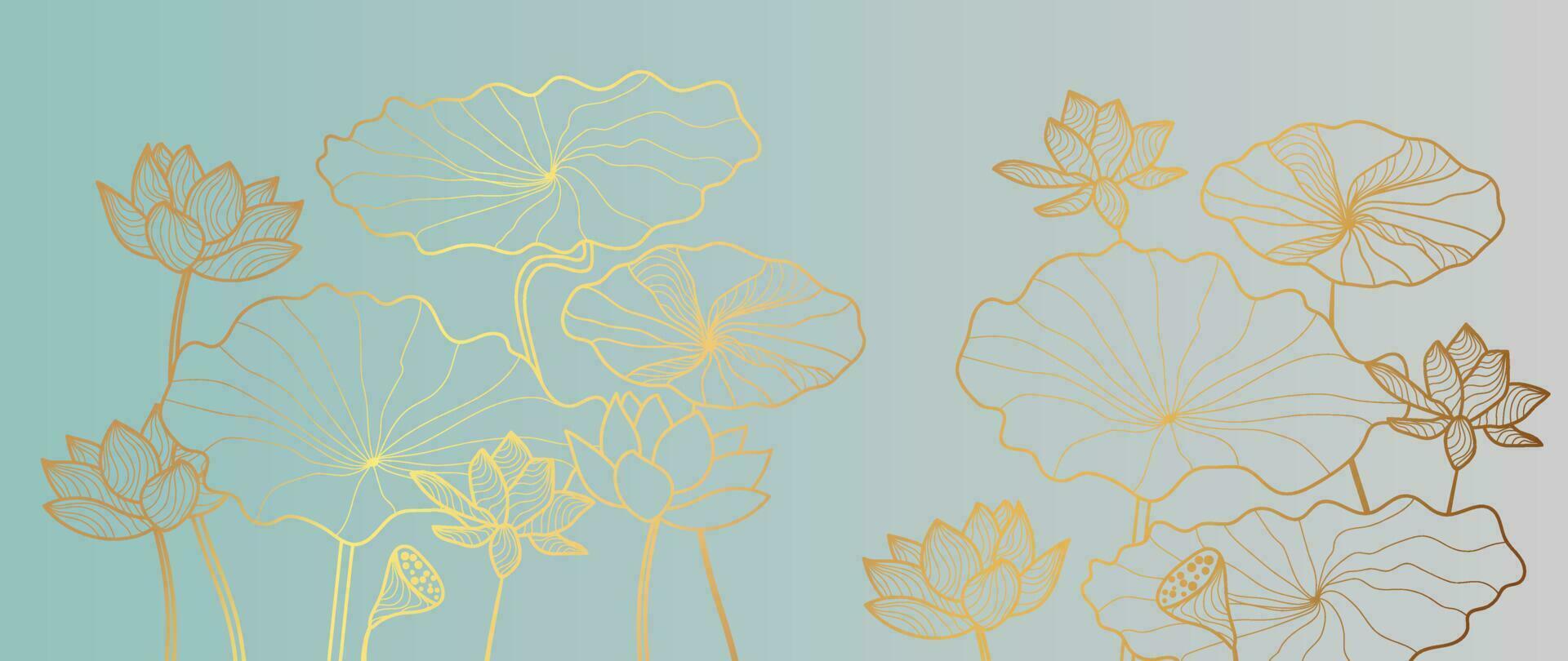 Luxus Hand gezeichnet Lotus Blumen Hintergrund Vektor. elegant Gradient Gold Lotus Blumen Linie Kunst, Blätter auf Blau Hintergrund. orientalisch Design zum Hochzeit Einladung, Abdeckung, drucken, Dekoration, Vorlage. vektor