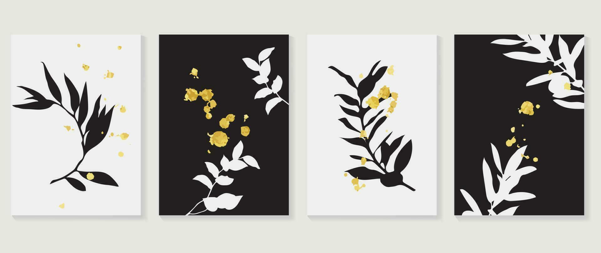 abstrakt botanisk bakgrund vektor. uppsättning av svart och vit blad grenar, lövverk, växter, guld textur. svartvit illustration design för vägg dekoration, vägg konst, omslag, vykort, broschyr. vektor