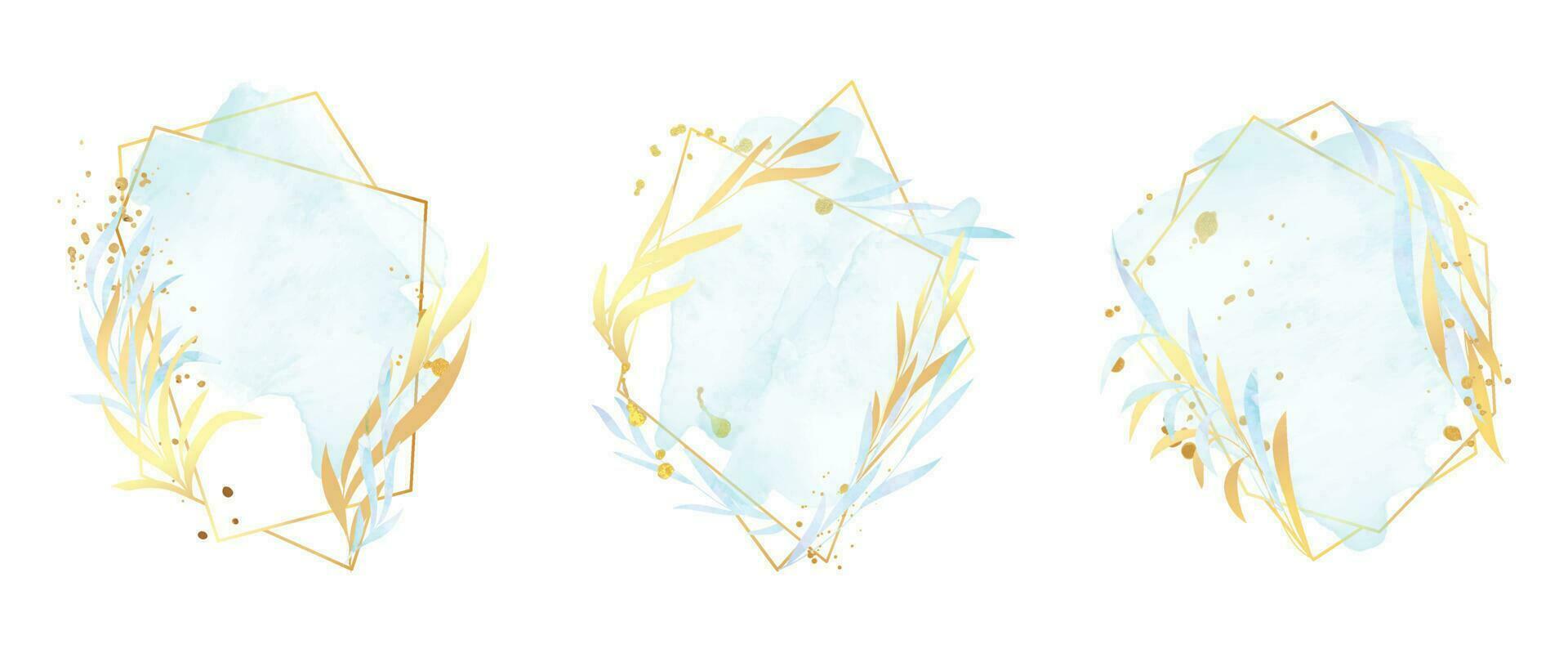 lyx botanisk guld bröllop ram element på vit bakgrund. uppsättning av polygon, cirkel, glitter, blad grenar. elegant lövverk design för bröllop, kort, inbjudan, hälsning. vektor