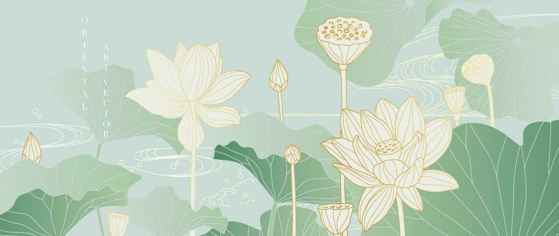 lyx orientalisk blomma bakgrund vektor. elegant vit lotus blommor gyllene linje konst, löv, lutning Färg. japansk och kinesisk illustration design för dekor, tapet, affisch, baner, kort. vektor