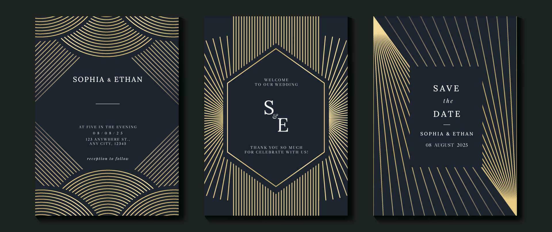 Luxus Hochzeit Einladung Karte Hintergrund Vektor. golden elegant geometrisch Form, Gold wellig Linien auf dunkel Hintergrund. Prämie Design Illustration zum Hochzeit und vip Startseite Vorlage, Banner, Poster. vektor