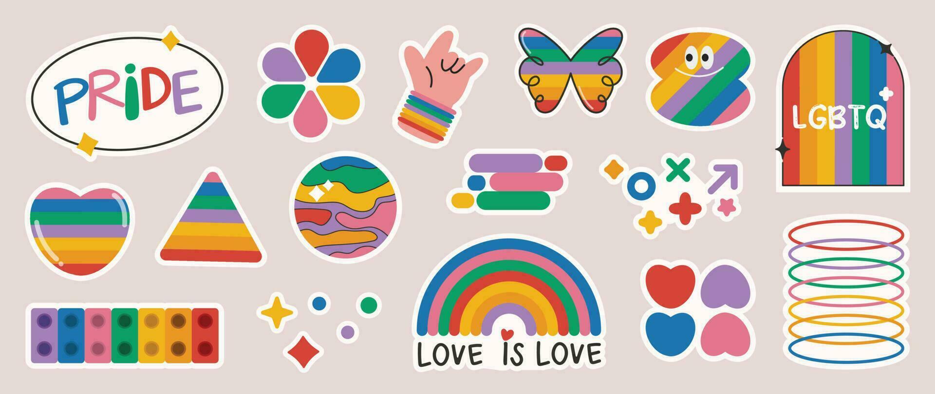 glücklich Stolz lgbtq Element Satz. lgbtq Gemeinschaft Symbole mit Regenbogen Flagge, Herz, Blume. Elemente illustriert zum Stolz Monat, bisexuell, Transgender, Geschlecht Gleichwertigkeit, Aufkleber, Rechte Konzept. vektor