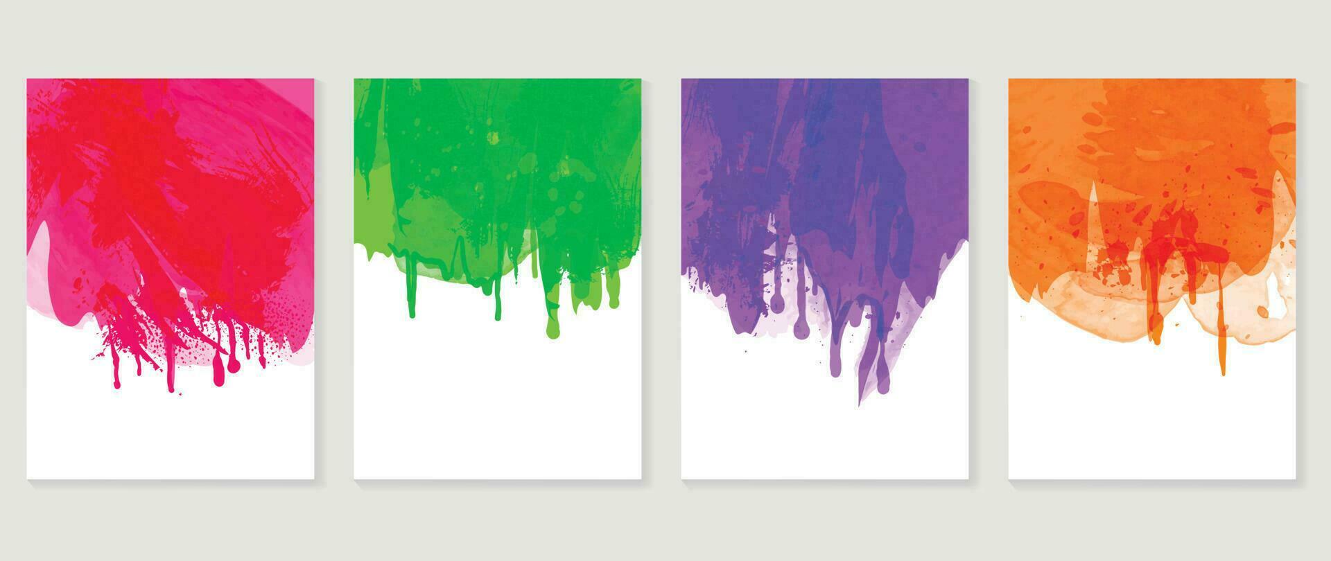 vattenfärg konst bakgrund omslag mall uppsättning. tapet design med måla borsta, grön, orange, rosa, lila, borsta stroke. abstrakt illustration för grafik, vägg konst och inbjudan kort, baner. vektor