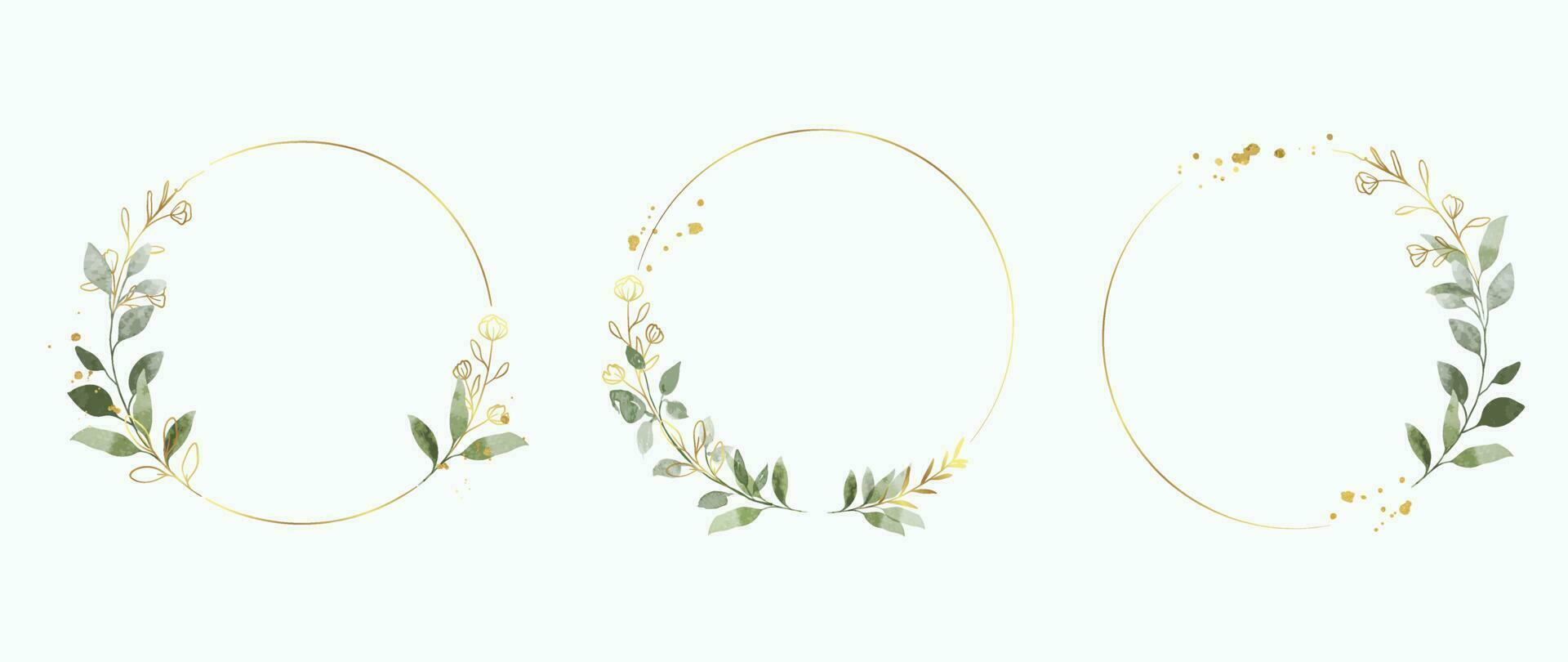 Luxus botanisch Gold Hochzeit Rahmen Elemente auf Weiß Hintergrund. einstellen von Polygon, Kreis, glitzert, Blatt Geäst. elegant Laub Design zum Hochzeit, Karte, Einladung, Gruß. vektor
