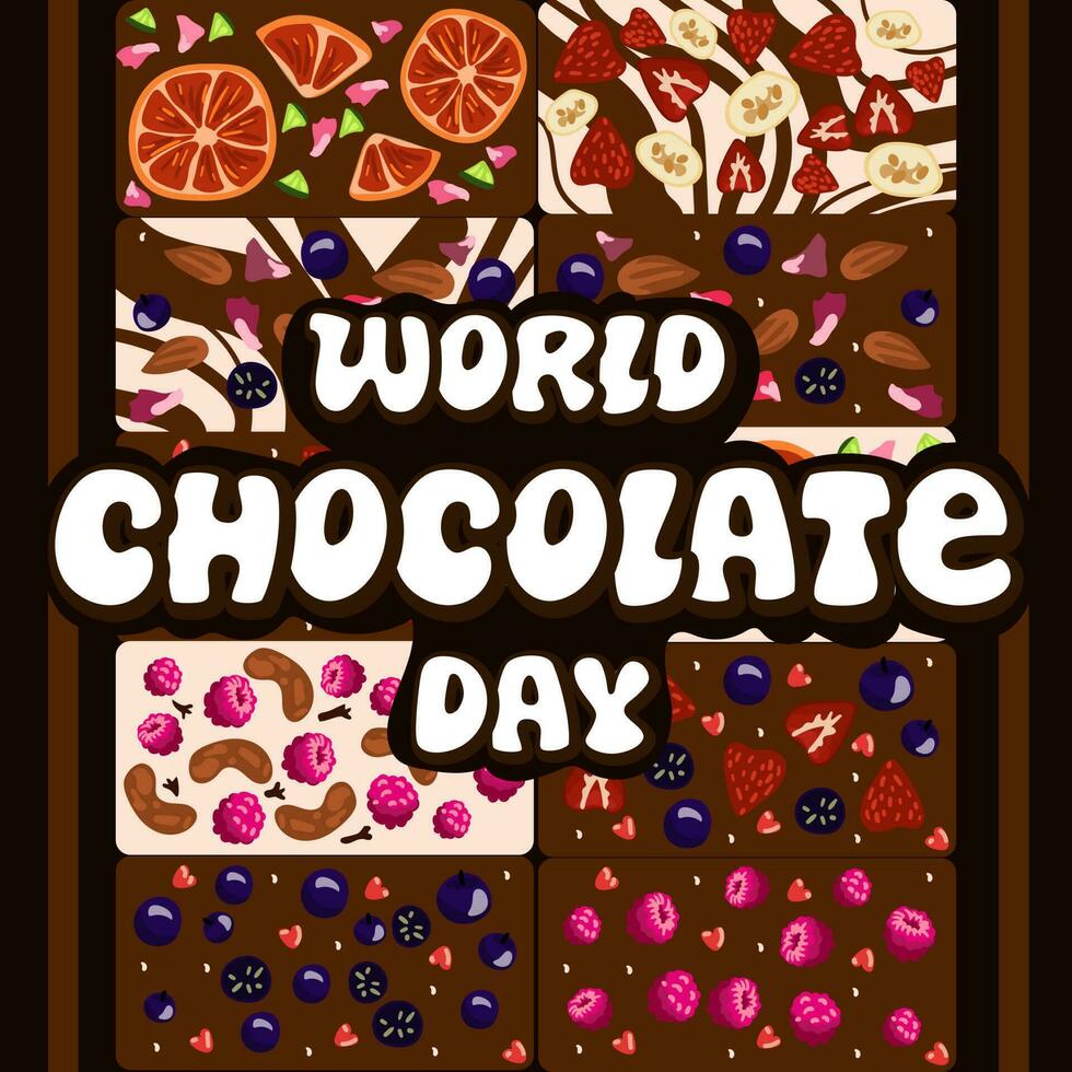 vektor illustration för de värld choklad dag. de inskrift på de bakgrund av annorlunda typer av handgjort choklad. juli 11. ett aning för en affisch, baner, folder, vykort. PR