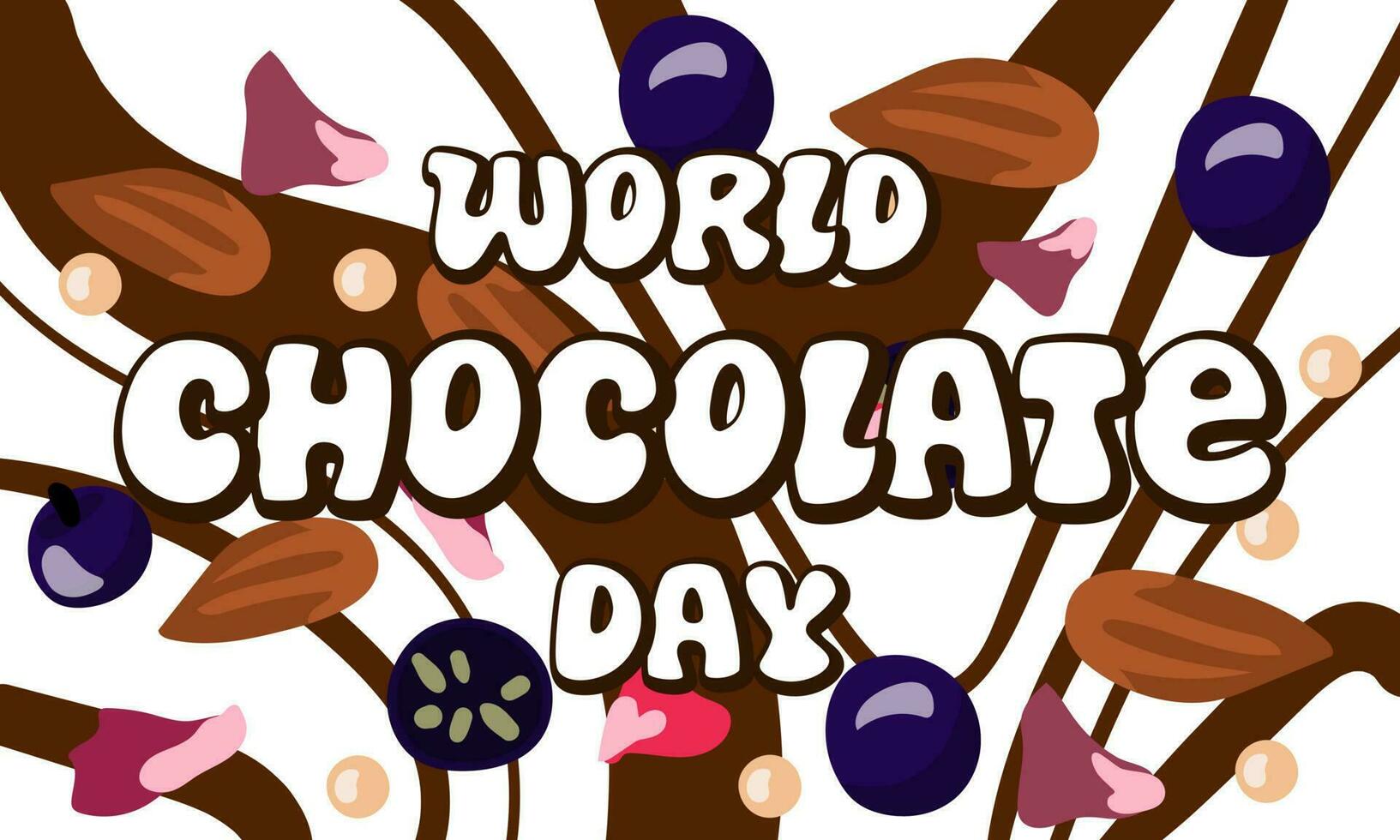 vektor illustration för de värld choklad dag. de inskrift på de bakgrund av blandad vit och mörk choklad med blåbär, nötter, blommor. ett aning för en affisch, baner, folder, vykort