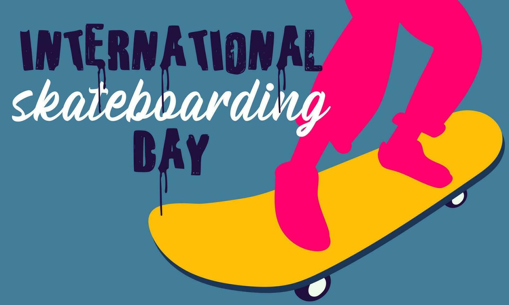 affisch av de internationell skateboard dag. de silhuett av rosa ben av en flicka med en skateboard rider på en blå bakgrund. skateboard knep, styrelse ridning, Hoppar. skateboard på juni 21 vektor