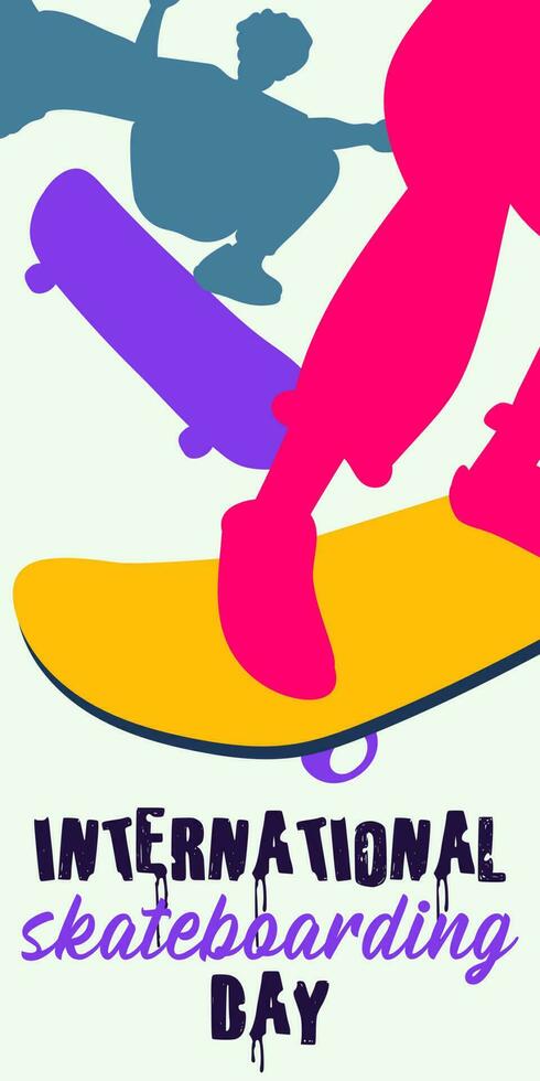 Poster von das International Skateboarding Tag. Silhouetten von jung Menschen, ein Mädchen und ein Kerl mit ein Skateboard Reiten und Springen. Skateboard Tricks, Tafel Reiten, Springen. Skateboard auf Juni 21 vektor