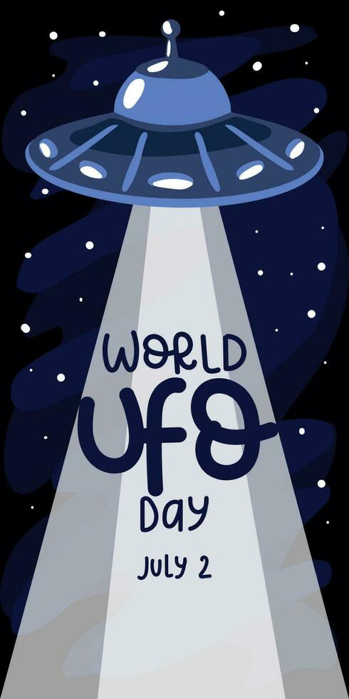 baner för värld UFO dag, berömd på juli 2. en tecknad serie tallrik av utlänningar med en stråle av ljus tänds de inskrift i hedra av de Semester. utskrift vykort, flygblad, banderoller för de Semester vektor