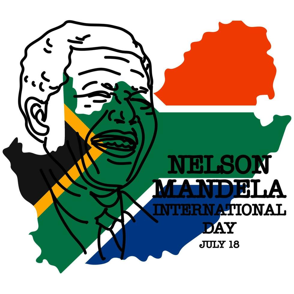 Nelson Mandela International Tag. Lager Vektor Illustration. Kontur Porträt von ein Lachen Mann gegen das Hintergrund von das Flagge und das Gliederung von Süd Afrika. Rechte, Stärke, Sieg, Gleichberechtigung