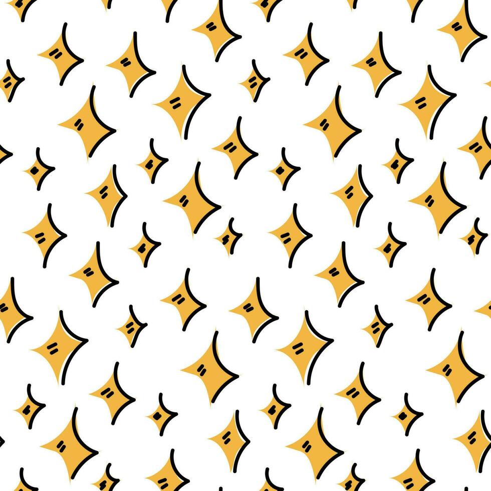 en mönster av söt liten tecknad serie gul stjärnor med en kontur på en vit bakgrund. sömlös bakgrund med glad lysande stjärnor. idealisk för utskrift på textilier och papper. Semester förpackning vektor