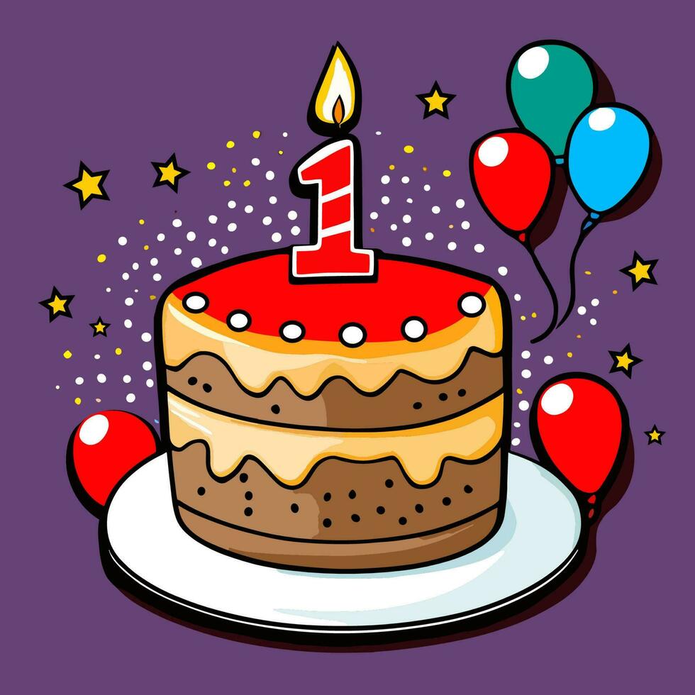 Geburtstag Kuchen Luftballons, Kerze und das Nummer 1 auf Es. vektor