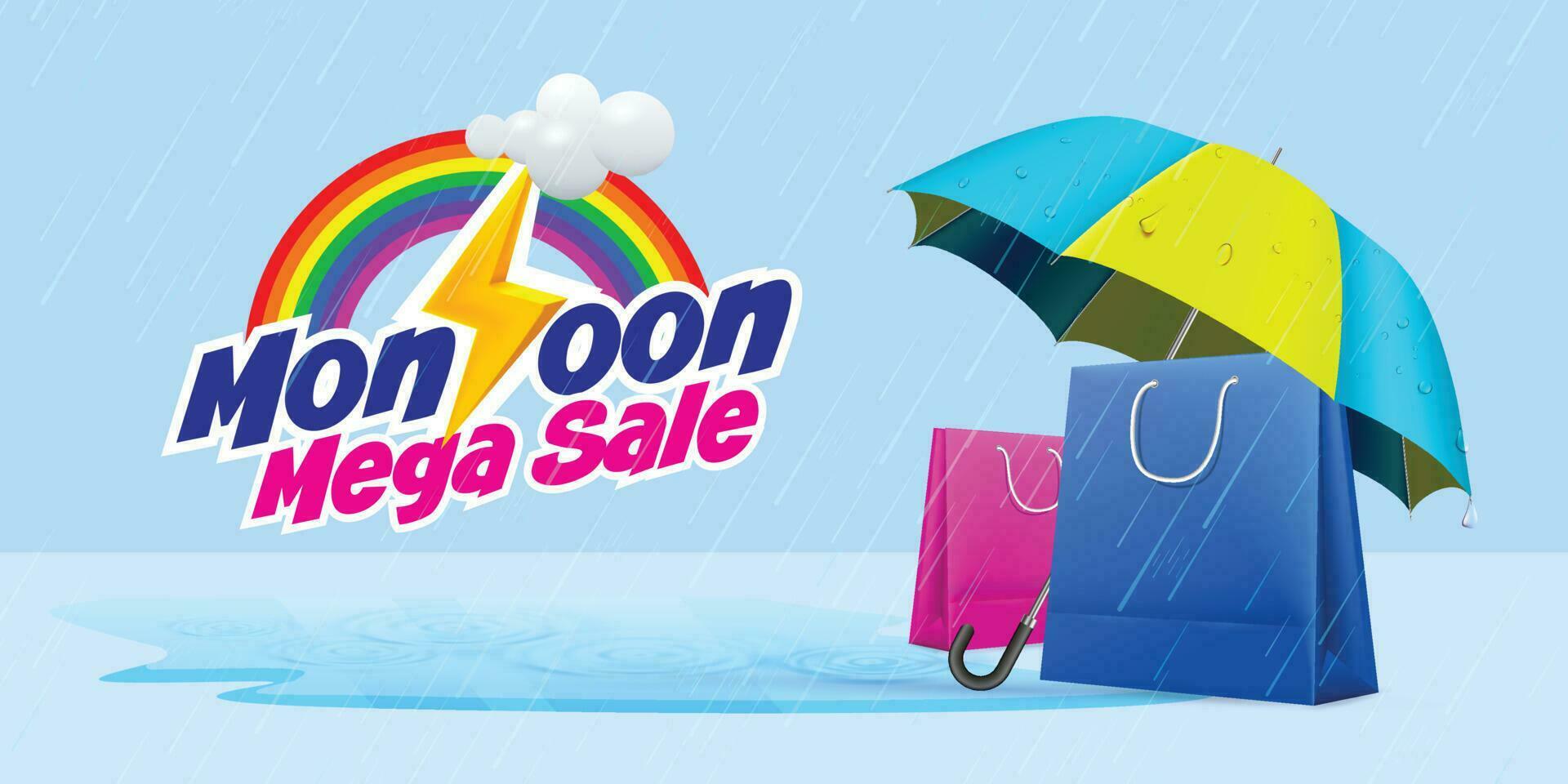 Monsun Mega Verkauf Banner Vorlage. Einkaufen bas unter Regenschirm im Regen vektor