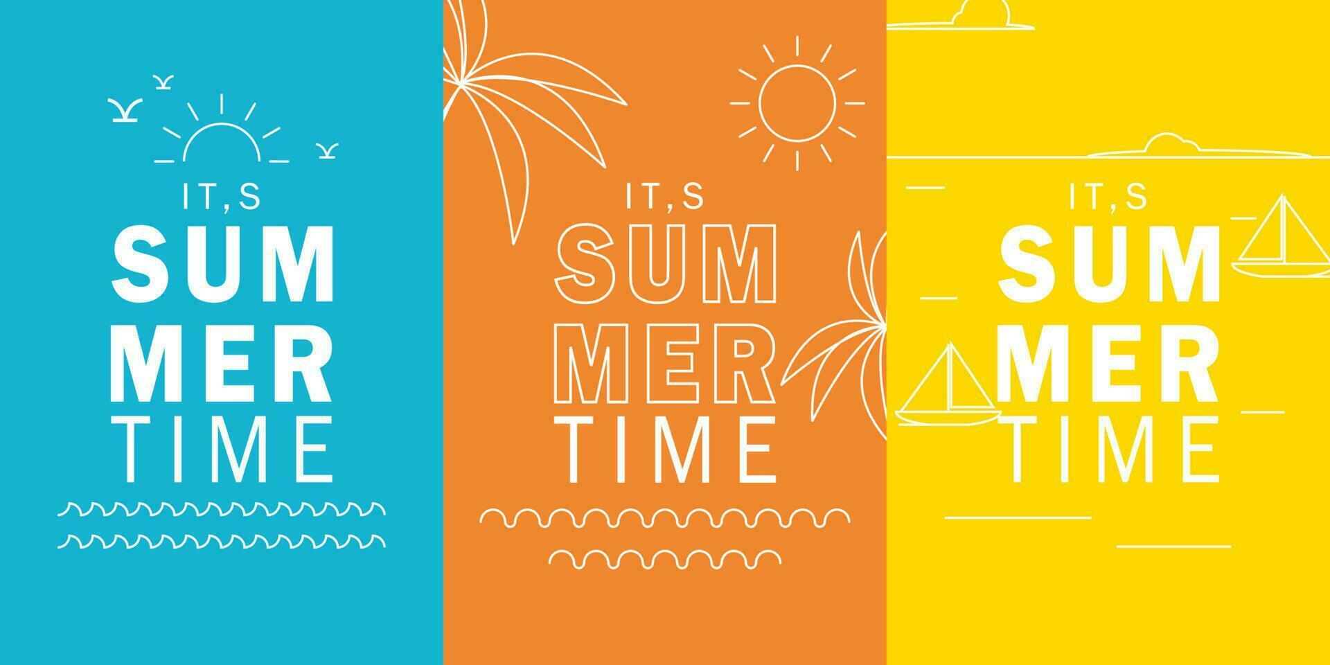 einstellen minimalistisch einfach Sommer- Zeit Vertikale Design Vektor Hintergrund. einfach Sonne, Strand, Schiff und Welle Gliederung Design Thema