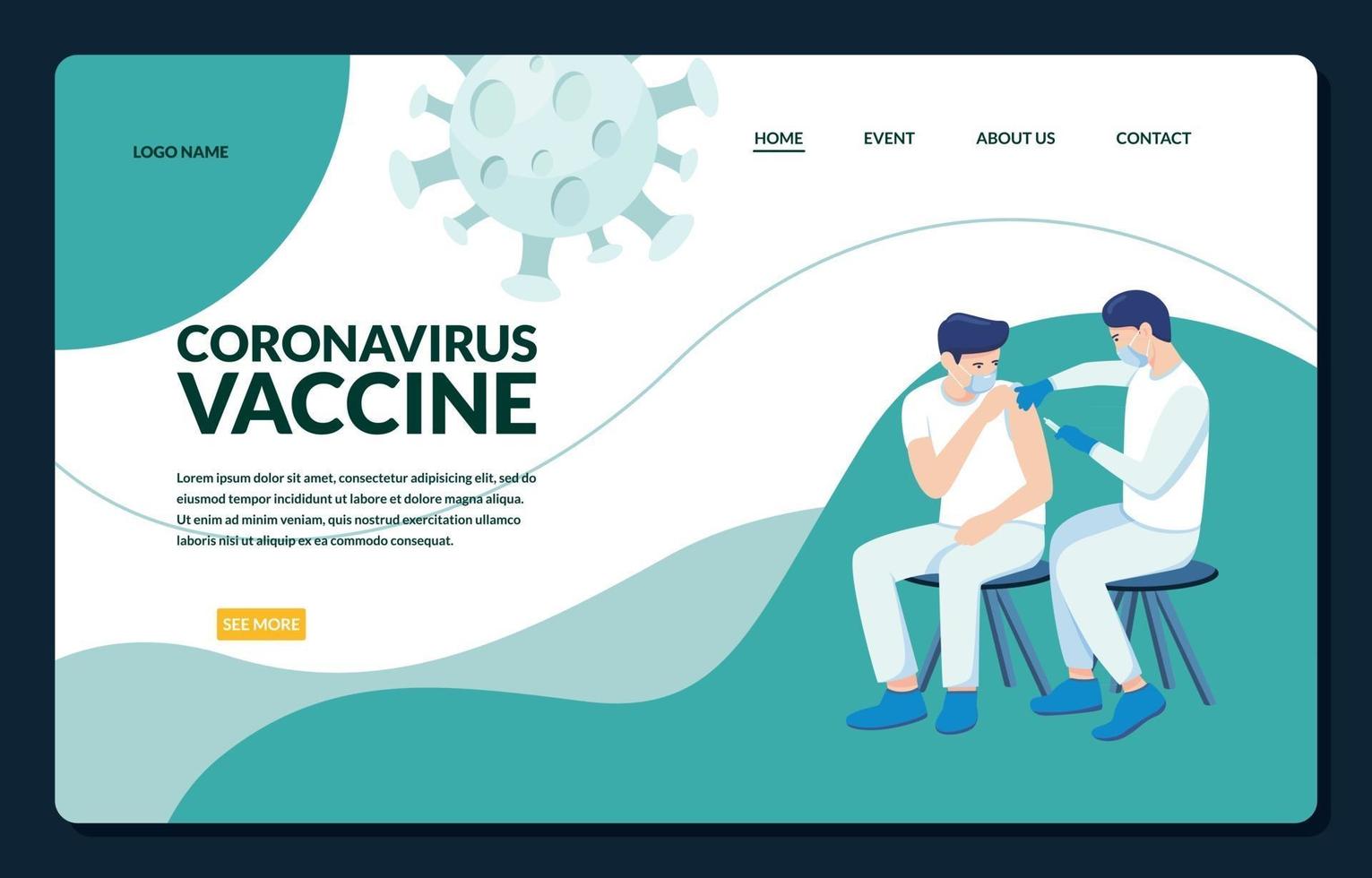 målsida platt vektorillustration av vaccin coronavirus sjukdom 19 med människor som injiceras vektor