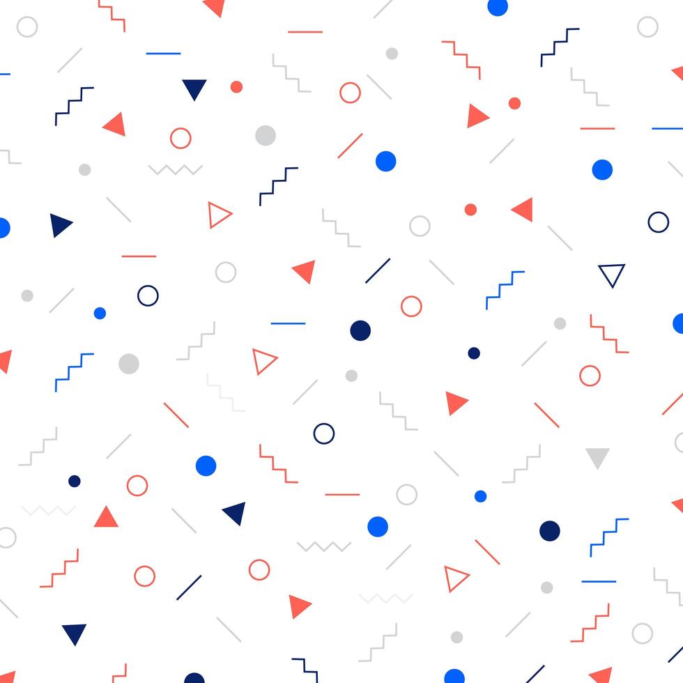 abstrakte verschiedene geometrische Formen Musterdreiecke, Kreise, Punkte, Linien auf weißem Hintergrund. Memphis-Stil. vektor