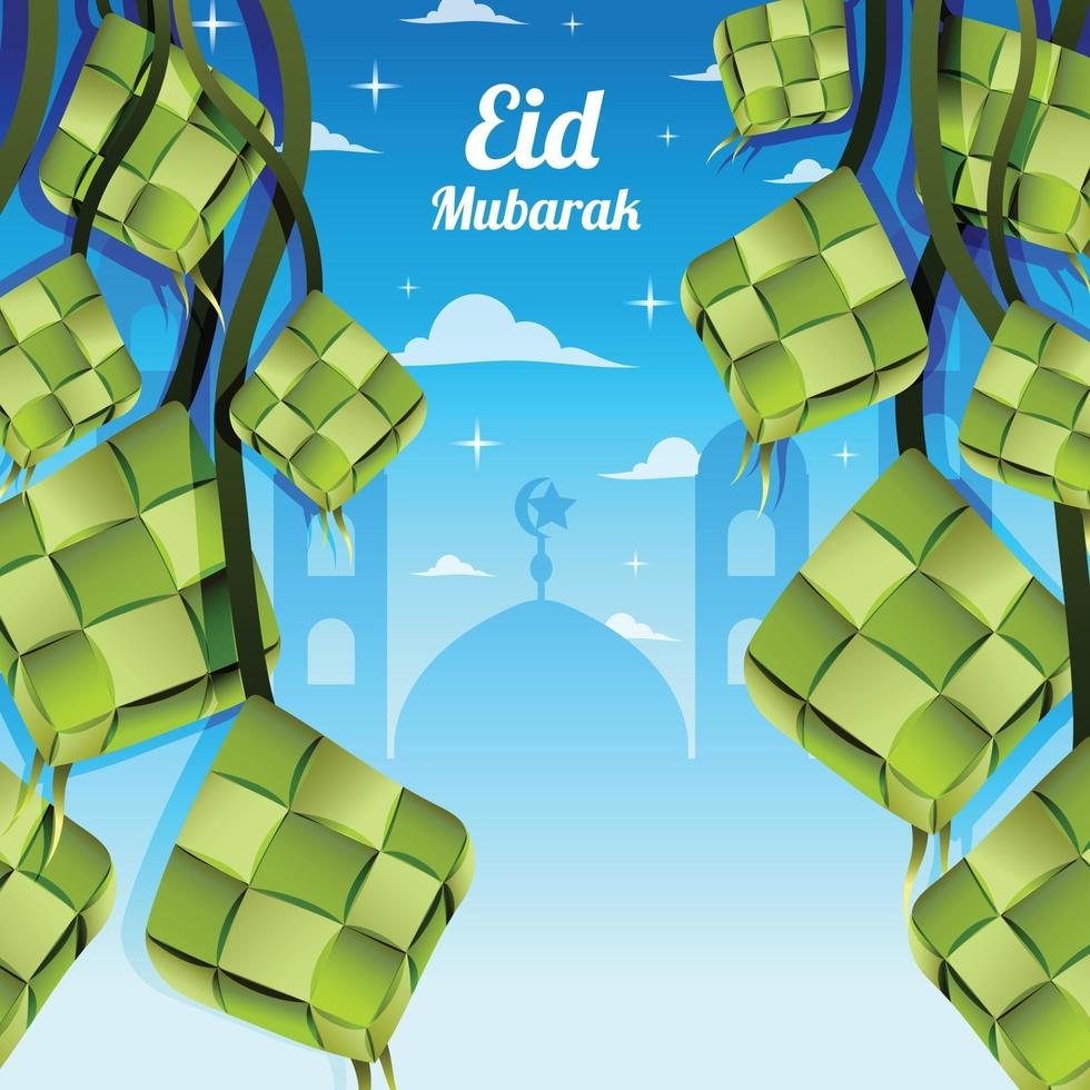 Eid Mubarak mit Ketupat und Moschee Vorlage vektor