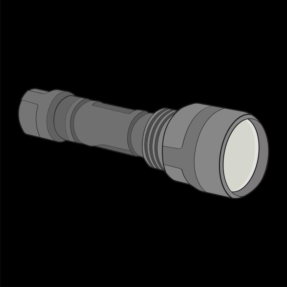 Taschenlampe von Licht Vektor eben Symbol. Taschenlampe Beleuchtung mit Scheinwerfer oder blinken. Illustration von blinkt Licht Laterne isoliert auf schwarz Hintergrund. Vektor Illustration, eps 10.