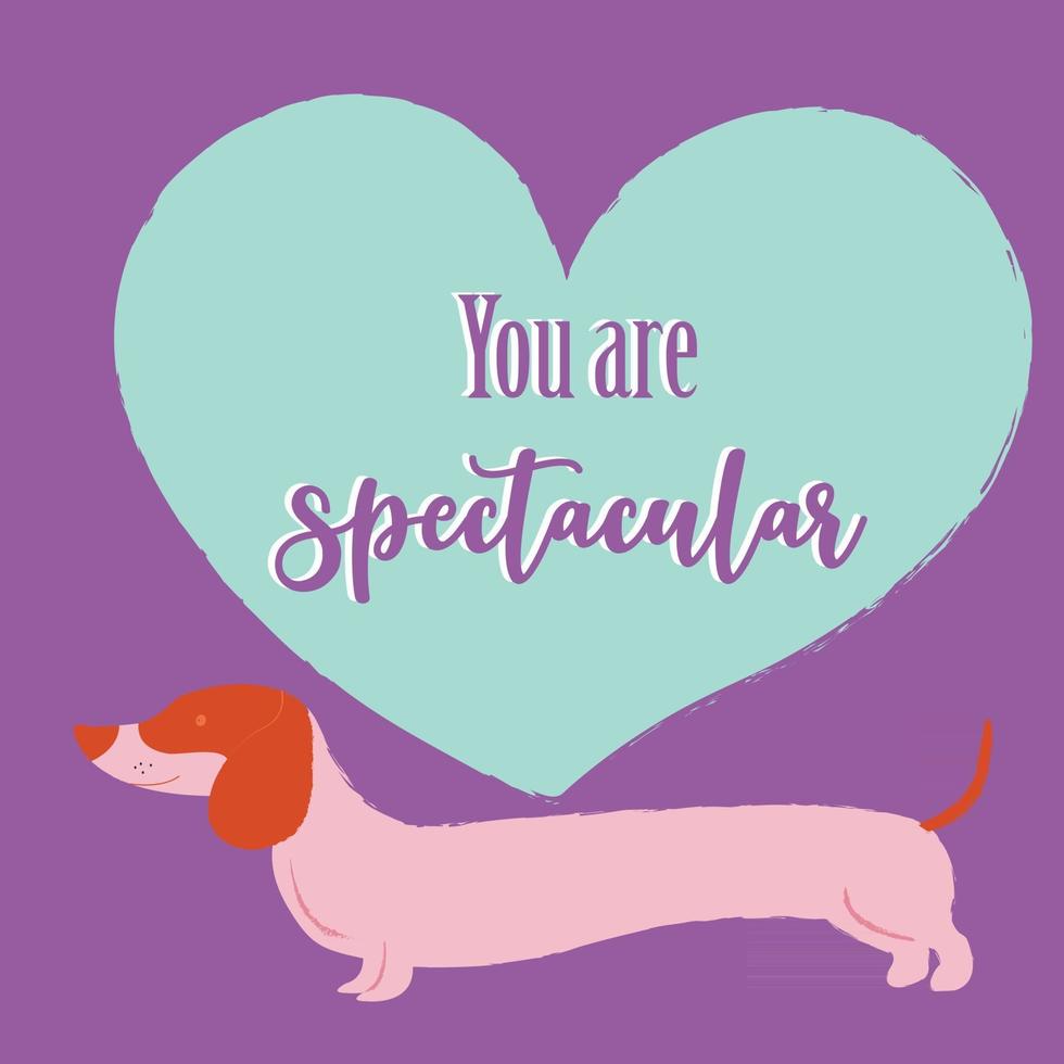 flache Illustration einer niedlichen Valentinstagskarte mit einem Dackelhund und einem Liebeszitat vektor