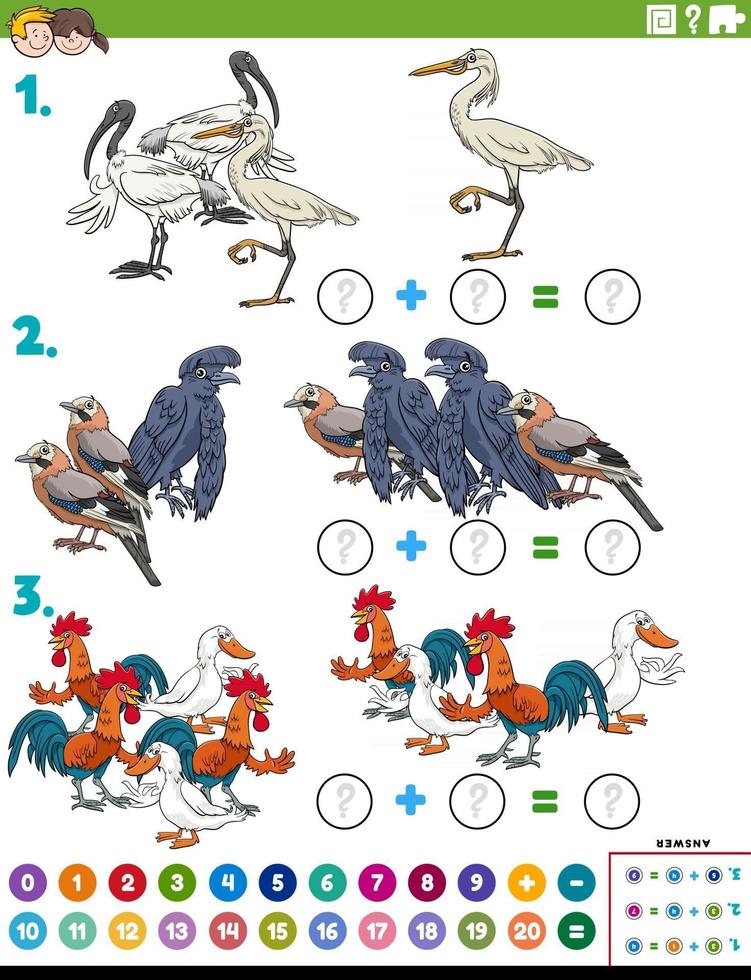 matematisk tillägg pedagogisk uppgift med tecknade fåglar karaktärer vektor