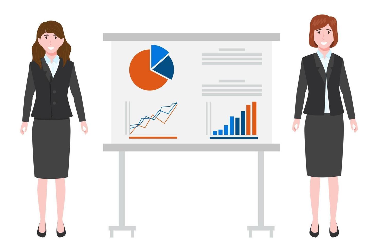 niedliche junge Geschäftsfrau Charaktere, die schönes Geschäftsoutfit tragen, das mit Verkaufspräsentationstafel steht und lokalisiert auf Weiß aufwirft vektor