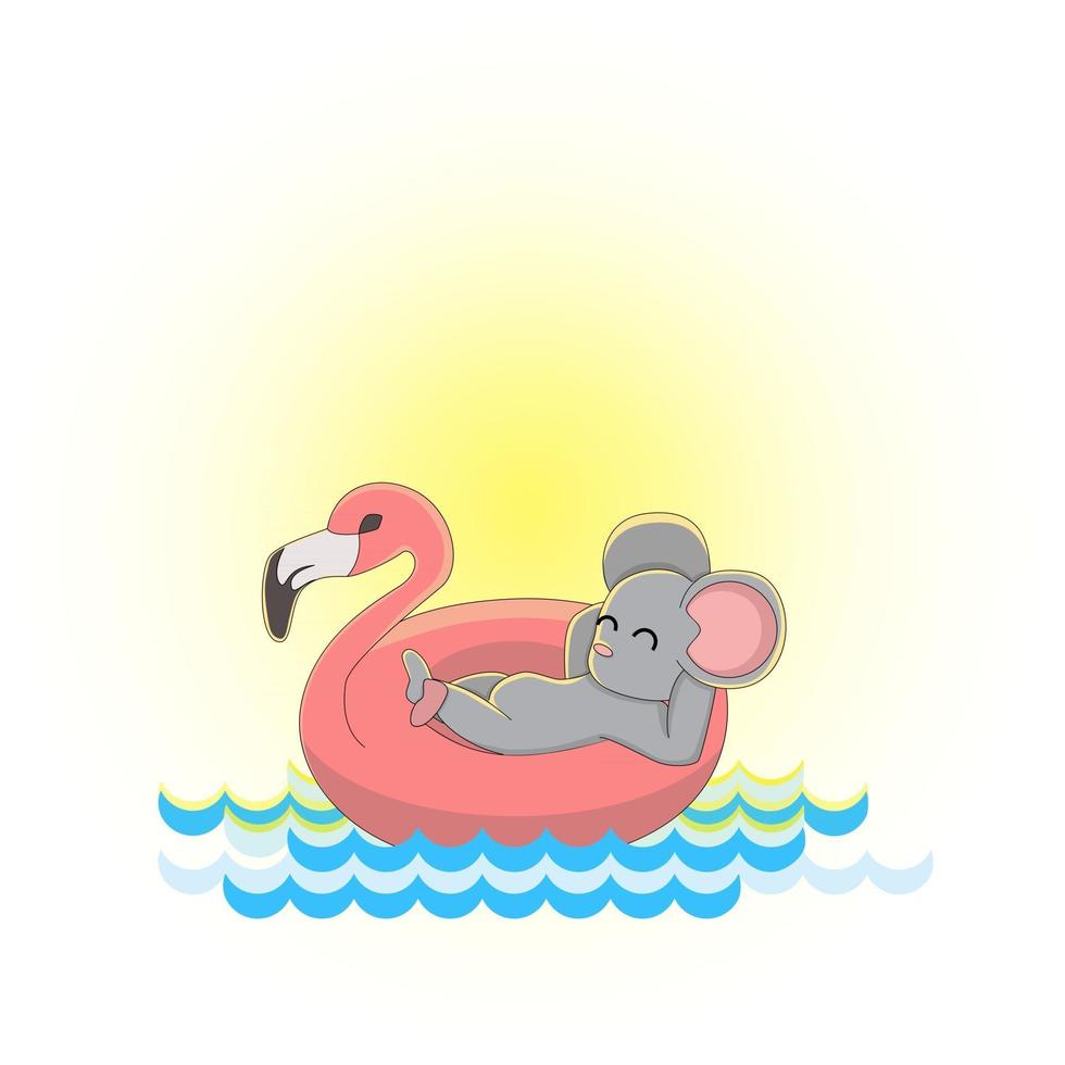 Vektorbild einer Maus in einem aufblasbaren Kreis in Form eines rosa Flamingos auf dem Wasser vektor