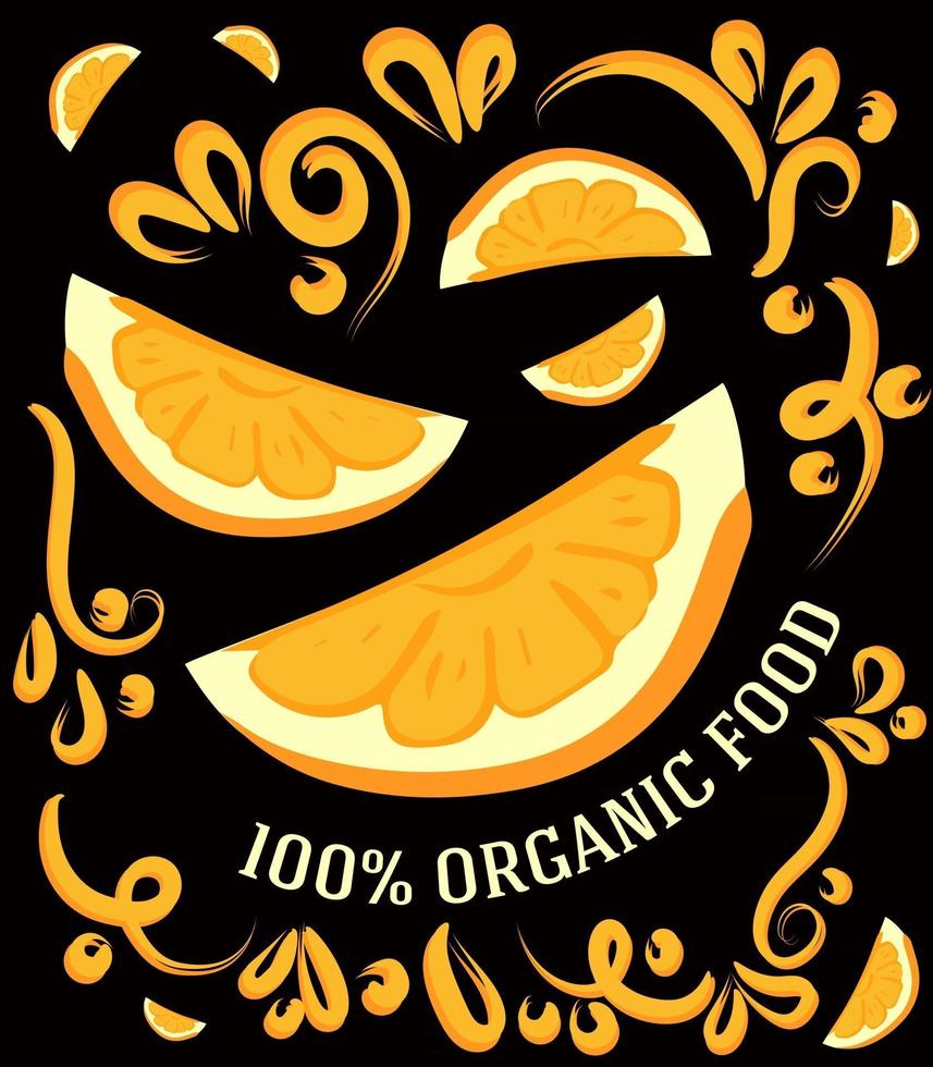 Dies ist eine spektakuläre Vintage-Illustration auf einem dunklen Hintergrund mit einer Orange und der Aufschrift 100 Prozent Bio-Lebensmittel vektor