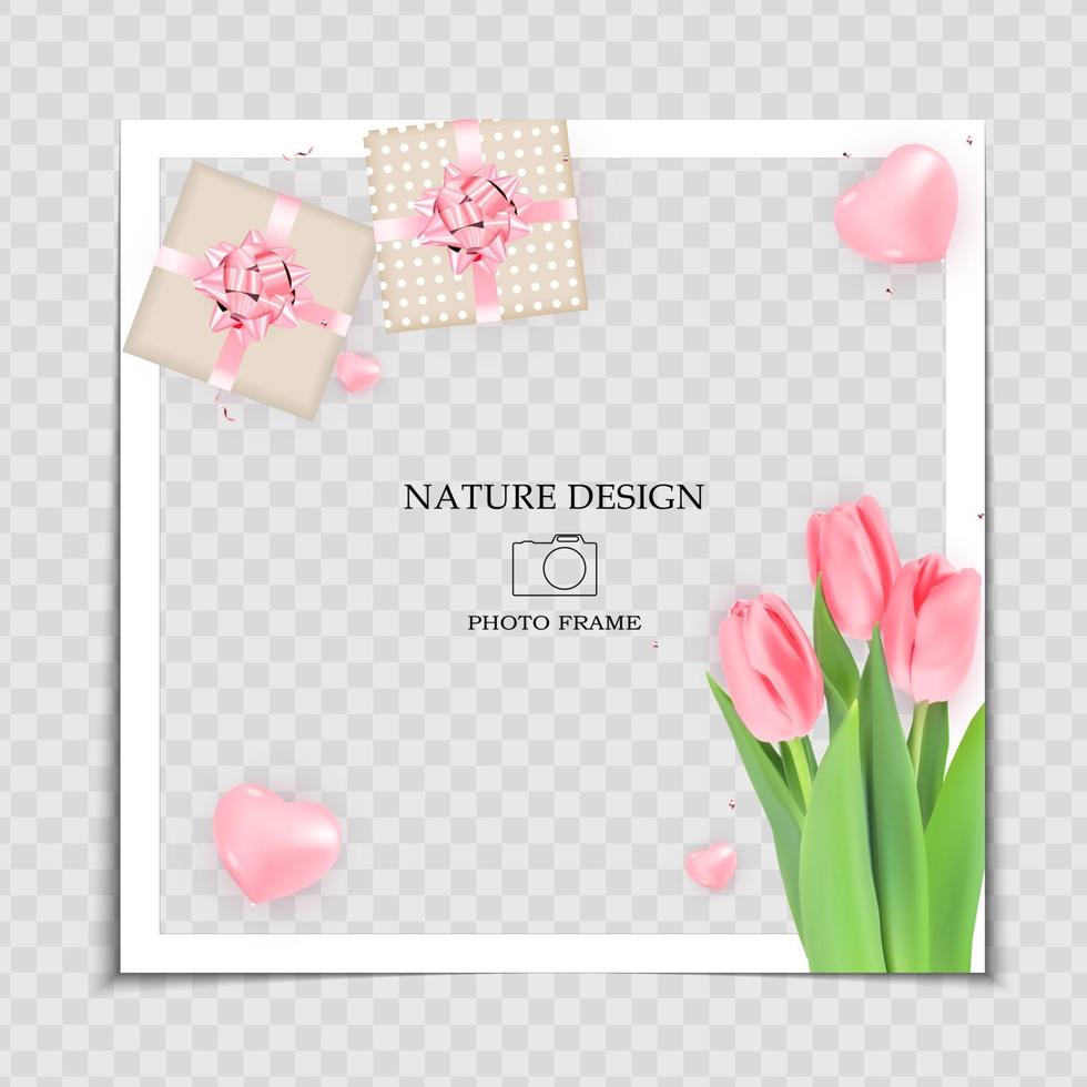natürliche Hintergrund Fotorahmen Vorlage mit Frühling Tulpen Blumen und Geschenkbox für Post in sozialen Netzwerk vektor